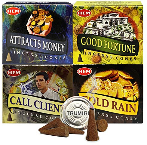 Hem Incense Cones Variety Pack #1 And Cone Incense Burner Bundle With 4 Money Luck And Business Themed Fragrances
