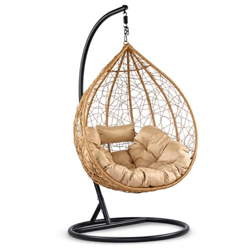 Estosa - Poltrona a Dondolo Sospesa da Giardino, Struttura in Ferro, Diametro 108cm, Altezza 198cm, Intrecciata in Fibra Sintetica, con Cuscini ed Imbottitura in Poliestere, Portata Massima 120kg