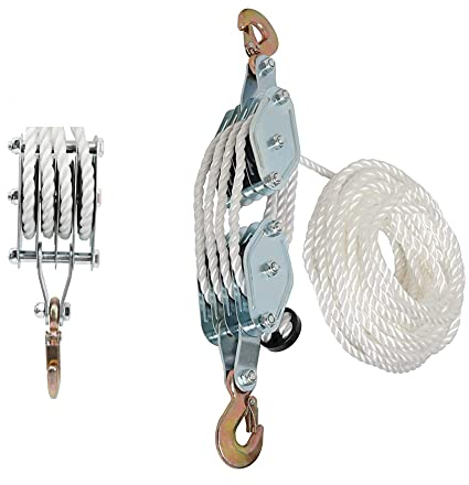 Ejoyous Flaschenzug 4-fach mit seil, Umlenkrolle seilwinde Höhe 2,5 M Tragkraft Max. 2000 kg Nylon-Seil Hebe-Riemenscheiben-Last galvanisierter Stahlhaken-Heberollenblock mit Multi-Nylon-Seil