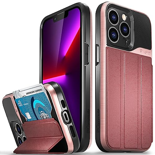 VENA Wallet Case Compatible with Apple iPhone 13 Pro (6.1-inch), vCommute (Military Grade Drop Protection) Flip Leather Cover Card Slot Holder with Kickstand (Rose Gold)