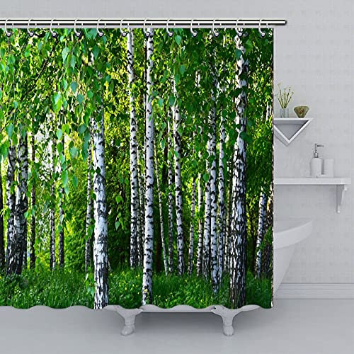 Garden Shower Curtain, Outdoor Shower Curtain for Garden Woodland Birch Forest Shower Curtains Waterproof Polyester Fabric Curtains Set with 12 Hooks for Bathroom 72 x 72 Inch