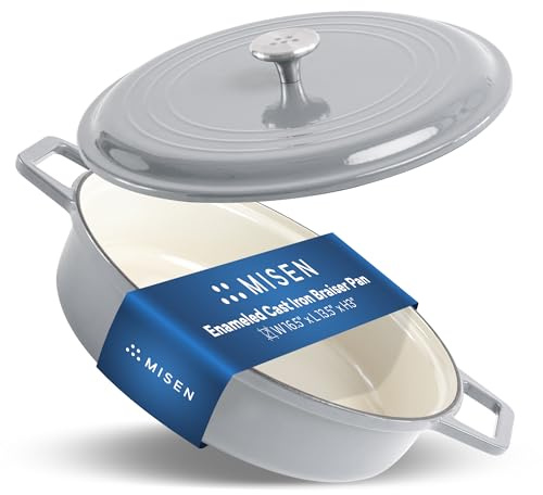 Misen Enameled Cast Iron Braiser Pan - Cast Iron Pot with Lid - Cast Iron Enameled Cookware, Blue