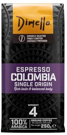 Dimello Single Origin Espresso Colombia Ground Coffee (250g) - Notes of Caramel, Exotic Fruits and Reaching Nuts (Colombia)