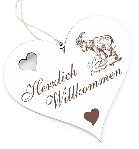 Herzlich Willkommen Schild - Steinbock - Deko Herz Holz Willkommensschild Türschild Dekoschild Türdeko