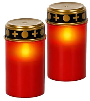 Star Trading LED Grablicht 2er Set Rot, Flackernde Grabkerzen mit Timer 6h, IP44 Outdoor, Batteriebetrieben, Warmgelb Ø7x12 cm, Wetterfeste LED Kerzen für Friedhof & Gedenkstätte