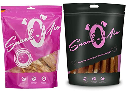 SNACKOMIO knusprige Kaninchenohren Natur 30 Stück, 1er Pack (1 x 0.300 kilograms) & Knusprige Kaustange an Hühnerbrustfilet Premium Kausnack für Hunde, 200 g, 1er Pack (1 x 0.2 kilograms)