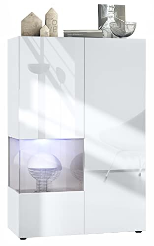 Vladon Vitrine Morena V2, Made in Germany, Standvitrine mit 2 Türen und Glaseinsatz, Korpus Weiß matt, Fronten Weiß Hochglanz, Cube Sandgrau Hochglanz inkl. LED-Beleuchtung Weiß (91,5 x 136,5 x 37 cm)