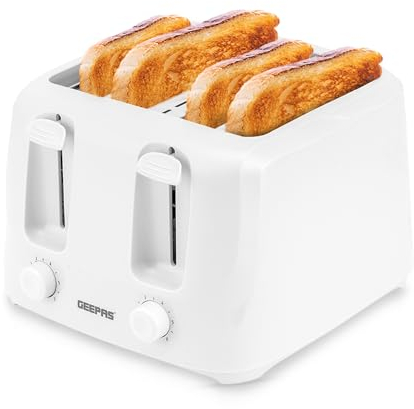 GEEPAS 4 Slice Toaster | 6 Browning Levels with Cancel Function | For Thin Small Bread Slice | 2 Independent Controls 2 Removable Crumb Trays Cool Touch High Lift | 1 Yr Warranty 1400W White
