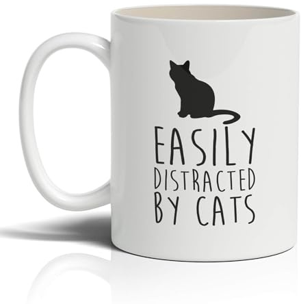 Punkcards Funny Cat Mug – “Easily Distracted by Cats” – Black Cat Mug for Cat Lovers – Novelty Coffee Mug – 11oz Ceramic Cup – Made in UK