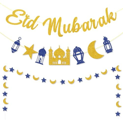Ramadan Dekorationen, Ramadan Kareem Banner, Ramadan Mubarak Banner Ramadan Dekoration Gold Stern Mond Laterne Ramadan Girlande Dekorationen EID Mubarak Hängendes Schild für Eid Festival Party