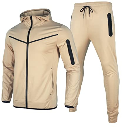 QWUVEDS Men's Winter Plain Tracksuit 2-Piece Outfits Long Sleeve T-Shirts and Trousers Jogging Sets Athletic Sports Suit Tracksuits Sportswear Tracksuit Camouflage, khaki, M