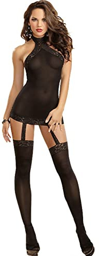 NewBull Women's Halter Garter Dress with Attached Stockings Lace Lingerie Sets Babydoll Floral Bodysuit Chemise Underwear Fishnet Bodystocking Tights Mesh Elegant Nightwear Balck