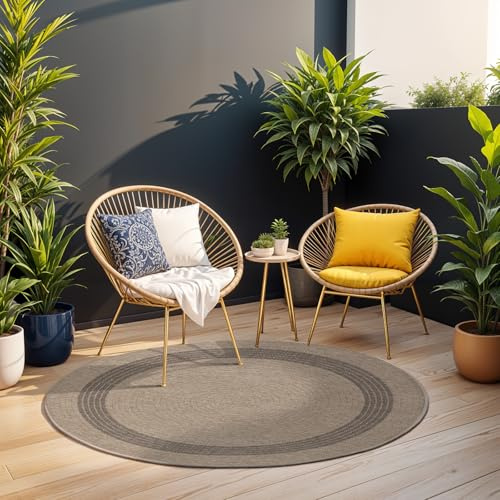 Livabliss Rhonda Sintra Alfombra Exterior, Cocina – Ø 100 cm, Beige y Gris