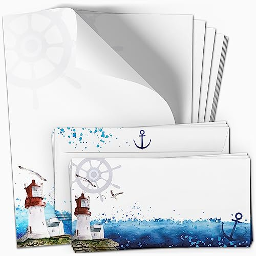 50 Briefpapier und Briefumschlag SET | Maritim Ostsee Nordsee Leuchtturm | Papier und Umschlag mit Design-Motiv bedruckt | 90 g/m²