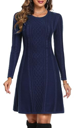 Aottori Vestito Maglione Donna Invernale Abito Linea A in Maglia al Ginocchio Vestiti in Girocollo Autunnale Tubino Elegante Curvy Blu Navy M
