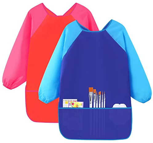 Jinlaili 2 Pezzi Grembiule Impermeabile per Bambini 3-8 Anni, Ragazza/Ragazzo, Grembiule da Gioco, Scuola, Maniche Lunghe con 3 Tasche