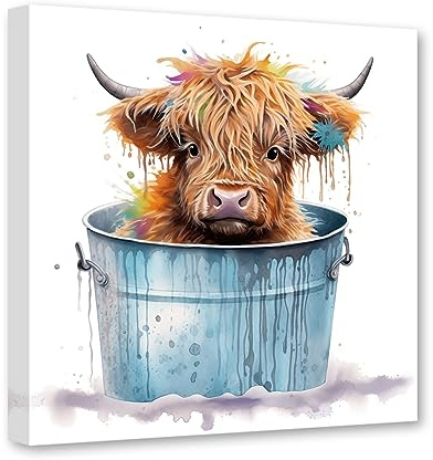 CCWACPP Badezimmer Hochland Kuh Wandkunst Lustiger Tierdruck Aquarell Rinder Bild Malerei Moderne Wohnkultur Rahmen
