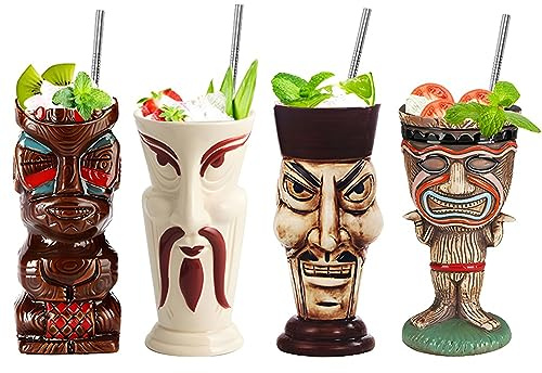 Morlinca Tiki-Becher 4er Cocktail-Set Keramik Tiki-Tassen Hawaii Tiki Party Kreative Cocktail Glas Bar Drinkware Premium Tropical Exotic,A15