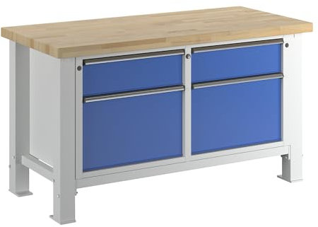 ANKE | Schwerlast-Werkbank | Plattenbreite 1500 mm | mit 2 Schubladen und 2 Flügeltüren | Plattenstärke 50 mm