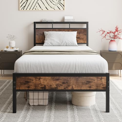 FOUBAM 90x200cm Twin Metal Bed Frame with Modern MDF Headboard, Sturdy Slatted Frame, Under-Bed Storage, Black