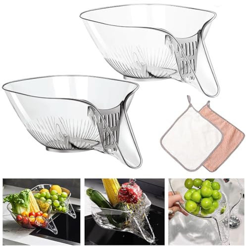 Votgutvo 2Pcs Multifunktionaler Abtropfkorb, Transparent Abtropfkorb-Trichter aus Kunststoff mit Sieb, Küche Gemüse Obst Abtropfkorb, mit Reinigungstuch, für Obst, GemüSe und Nudeln Abtropfen Lassen