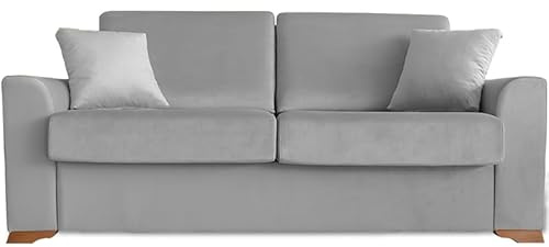 Ventadecolchones - Sofá Cama Italiano 3 Plazas con Subida Y Montaje (207x103x100cm) Berlín en Terciopelo Gris con Patas de Madera