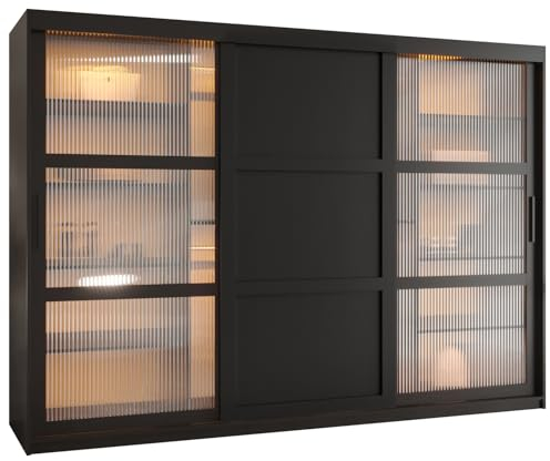 MEBLE KRYSPOL Flutes 3 Schrank mit DREI Schiebetüren, Stangen und Regalen - Wohnzimmerschrank - Fronten aus geflammtem Glas - 200x250x62cm - Schwarz, Schwarz, Schwarz