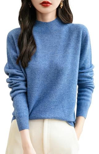 Chanyarn Women's 100% Merino Wool Seamless Jumper Mock Neck First-Line Ready to Wear Long Sleeve Knitted Pullover Tops (Star Blue,S)