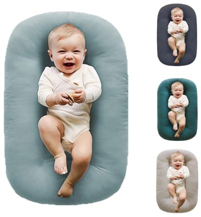 Loevin Baby Lounger, Baby Lounger for Newborn 0-24 Months, 100% Breathable Cotton Baby Nest for Tummy Time & Diaper Changes, Portable Infant Essentials for Home & Outdoor (Misty Blue)