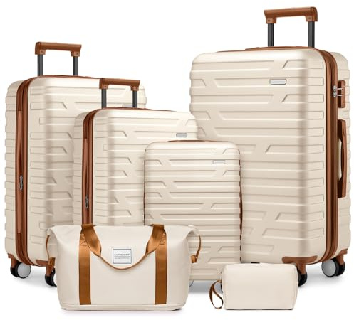 LARVENDER Kofferset 6 Teilig Hartschale Leicht ABS Erweiterbar Reisekoffer Haltbar Handgepäck Sets 4 Rollen TSA-Schloss mit 1 Reisetasche und 1 Kulturtasche, Weiß/Braun