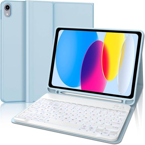 WINCHKING Funda Teclado para iPad 11 Generación A16 2025/10 Generación 2022 (11/10.9 Pulgadas), Bluetooth Magnéticamente Teclado para iPad 10 Gen, Retroiluminado De 7 Colores, Azul Cielo