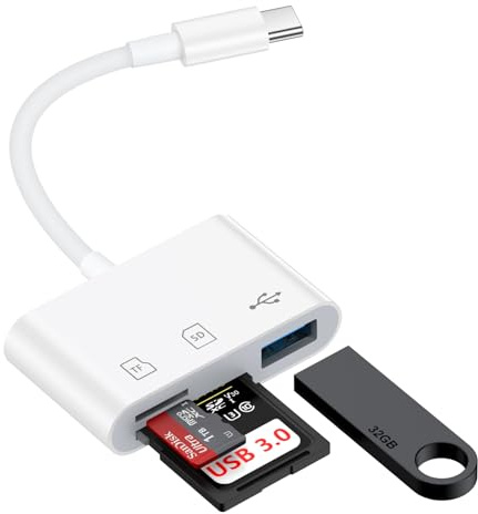 Adaptateur USB C vers USB pour Appareil Photo, Lecteur de Carte SD pour | Adaptateur de carte mémoire 3 en 1 avec deux emplacements pour cartes et port USB pour iPhone 16e 15, Samsung S26