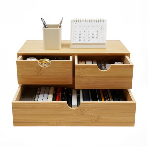 Bambus Schreibtisch Organizer mit 3 Schubladen, Bambus Schubladenbox Desktop Organizer für Büro, Haus und Lavatory, keine Montage erforderlich, 33 * 19 * 16 cm