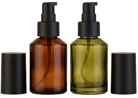 QUUPY 2 botellas vacías de 60 ml para loción de vidrio, para maquillaje, crema, loción, rellenable, dispensador de botellas para emulsión, aceites esenciales y líquidos (marrón + verde)