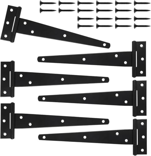 6 Pack Heavy-Duty T-Hinges for Sheds & Gates, 6.67cm Rustproof Black Iron with 42 Screws Included, for Barn Doors, Workshop & Outdoor Use