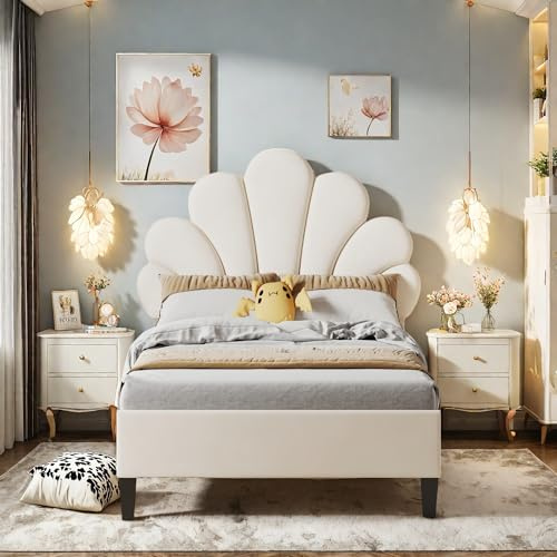 QMTXBYJ Lit rembourré, 90 x 200 cm, lit simple 90 x 200 cm, pour fille, cadre de lit avec tête réglable en hauteur en forme de fleur et sommier à lattes, en bois massif et velours