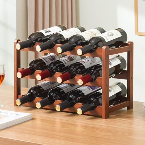 Tinyuet Bamboo Wine Rack (12 Bottles) - 3-Tier Stackable Design Bottle Rack & Space Saving | Ideal for Kitchen, Wine Cellar or Catering | Ecological & Quick Assembly