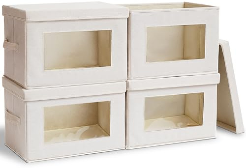 Citylife 4 Packs Foldable Storage Boxes with Lids, Wardrobe Storage Organiser with Transparent Window and Soft Cord Handles, for Clothes, Books and Toys, Beige