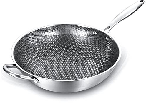 ZCCZJS 32 cm Pan sin recubrimiento de acero inoxidable Wok Wok Diseño de panal Calefacción Uniforme para inducción eléctrica y estufas de gas (color: 32 cm)