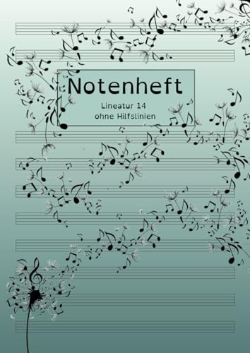 Notenheft Lineatur 14 | DIN A4 |12 Notensysteme / Notenzeilen pro Seite | Musikheft über 75 Seiten inkl. Zusatzmaterial: diy Inhaltsverzeichnis | Seitenzahlen | ohne Hilfslinien | Pusteblume
