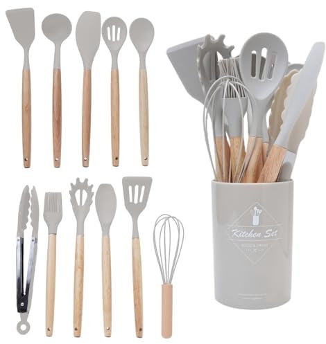Set de Utensilios de Cocina de Silicona – Juego de 14 Piezas con Mango de Madera y Soporte – Resistente al Calor, Antiadherente, Ideal para Cocinar y Servir (Kaki)