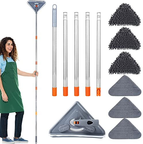Triangle Cleaning Mop,360 Degree Rotatable Adjustable Extendable Wall Cleaning Mop, Microfiber Dry and Wet Glass Dust Cleaner with 6 Head for Home Floor Window Wall