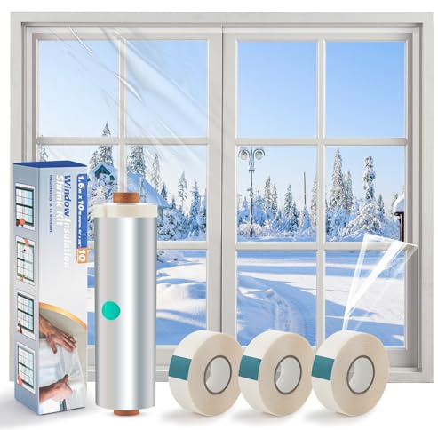 Window Insulation Kit – Clear POF Shrink Film 1.6m x 10m with 3 Rolls Double-Sided Tape | Draught Excluder for Winter, Reduces Heat Loss & Condensation | Fits Most Windows