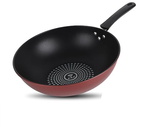 Fyearfly Padella antiaderente in ghisa, 28 cm, wok con fondo piatto per zuppe e stufati