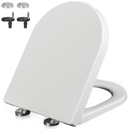 Soft Close Toilet Seat, Soft Close White D Shape Toilet Seat, Dual Button Hinge Release, Quick Release for Easy Cleaning, Strong PP Materials, Easy Installation, Standard 460mm x 360mm Size