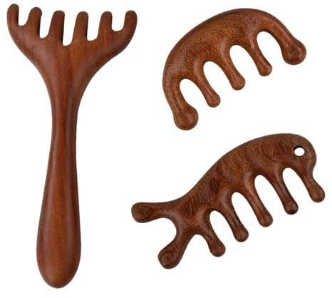 3 Stück Gua Sha Kopfmassage Kamm, Scalp Kopfmassagegerät Sandelholz, Selbstpflege Kopfhaut Combs mit Breiten Zähnen, 5-Krallen Meridian Kamm für Nacken, Gesichts, Rücken und Lymphmassage