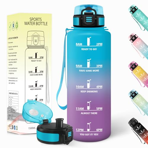 Baramumu Trinkflasche 1 5 liter, Auslaufsicher, Trinkflasche Kohlensäure Geeignet, Mit Zeitstempel, Wasserflasche, Sportflasche, für Yoga, Fahrrad, Fitness, Gym, Blau-Lila