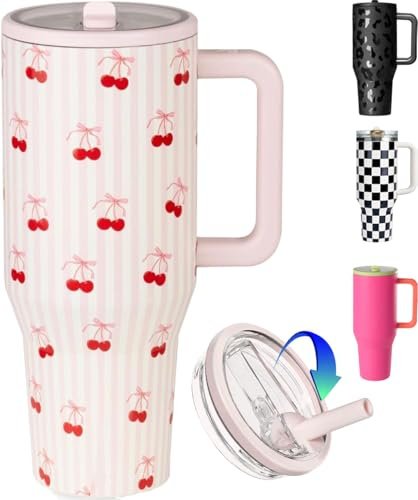 ZHUIYIWIN Tumlare med fällbart sugrör och handtag, vattenflaska kaffekopp resemugg för kalla eller varma drycker, dubbelvägg rostfritt stål vakuumisolerat glas (körsbär, 890 ml)