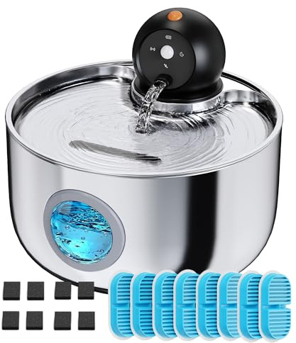 Fontaine a Eau Chat sans Fil: Fontaine à Eau pour Chat INOX avec Detecteur de Mouvement - 2.6L Distributeur Eau Chats Acier Inoxydable avec Batterie Rechargeable - Abreuvoir Silencieuse - 16 Filtres