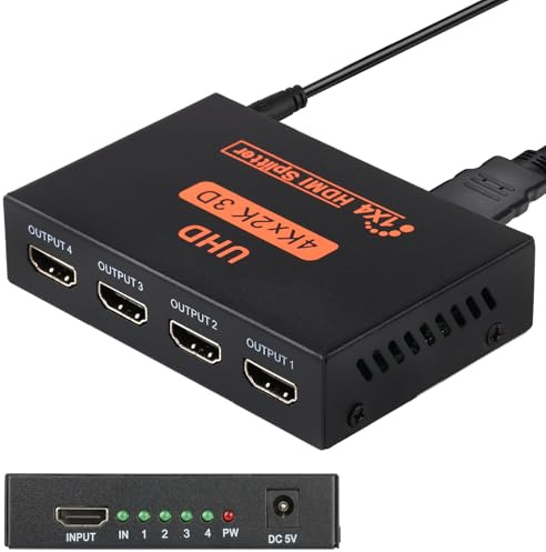 1 In 4 Out 4K HDM Splitter 30hz 3D HDM 4Port Adapter Display Distributor 4 Way Distribution Multi Connector for Monitor HDTV PC PS5 PS4 PS3 Xbox Game DVD Player Projector (Mirror Only, Not Extend)